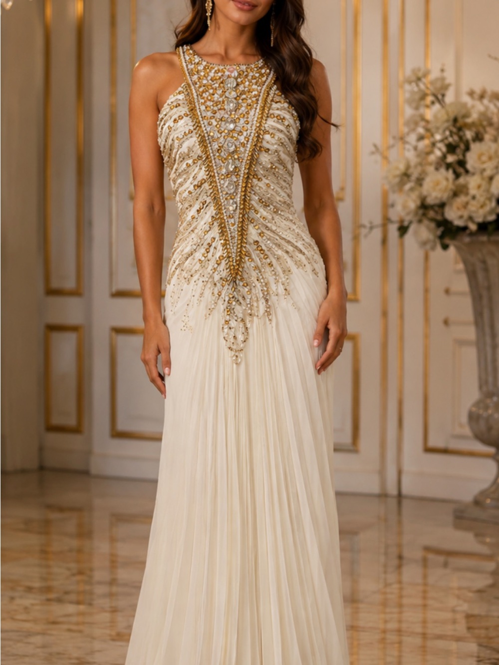 Musani Couture Ivory Maxi Gown with Gold Embellishment